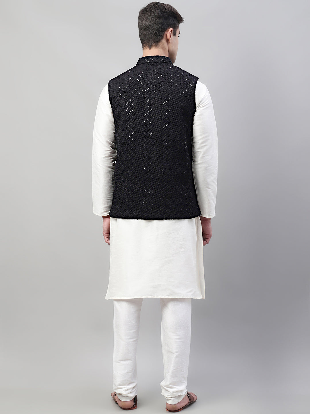 Jompers Men's White Solid Kurta Pyjama with Black Embroidered Nehru Jacket | Grocsy