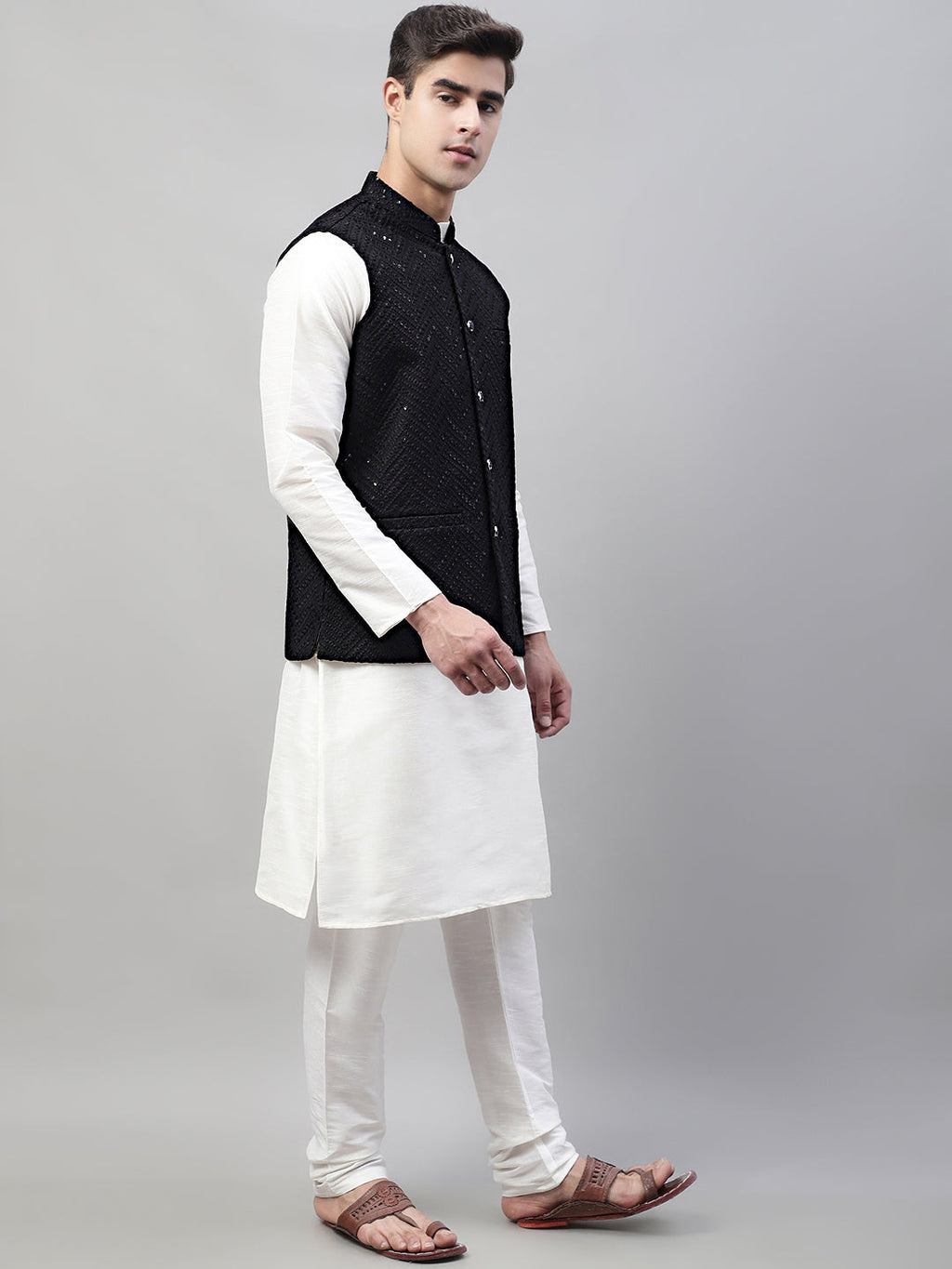 Jompers Men's White Solid Kurta Pyjama with Black Embroidered Nehru Jacket | Grocsy