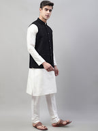 Jompers Men's White Solid Kurta Pyjama with Black Embroidered Nehru Jacket | Grocsy