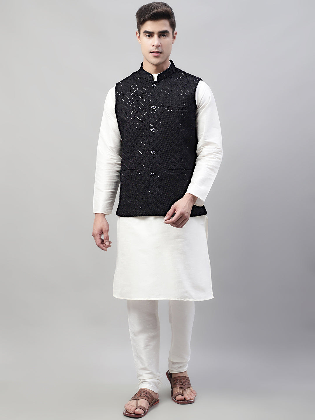 Jompers Men's White Solid Kurta Pyjama with Black Embroidered Nehru Jacket | Grocsy