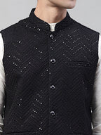 Jompers Men's White Solid Kurta Pyjama with Black Embroidered Nehru Jacket | Grocsy