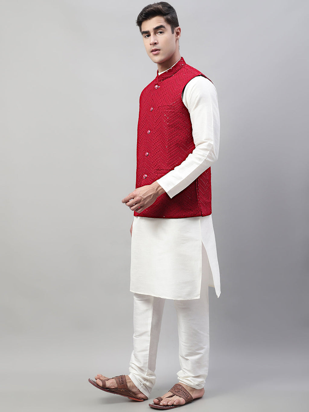 Jompers Men's White Solid Kurta Pyjama with Maroon Embroidered Nehru Jacket | Grocsy