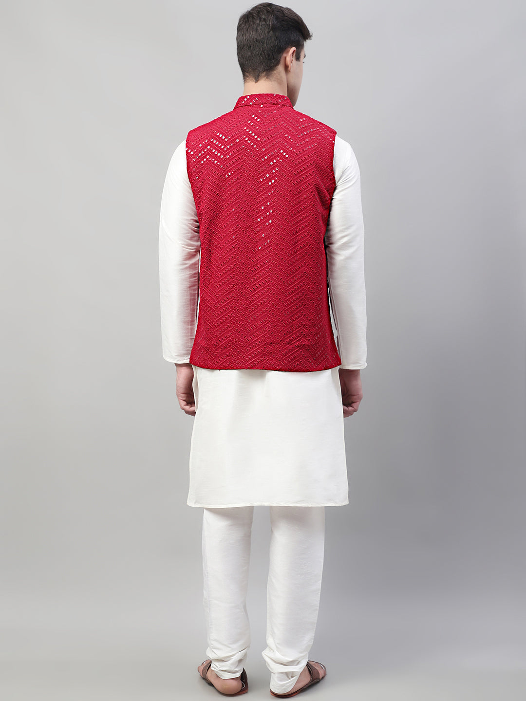 Jompers Men's White Solid Kurta Pyjama with Maroon Embroidered Nehru Jacket | Grocsy