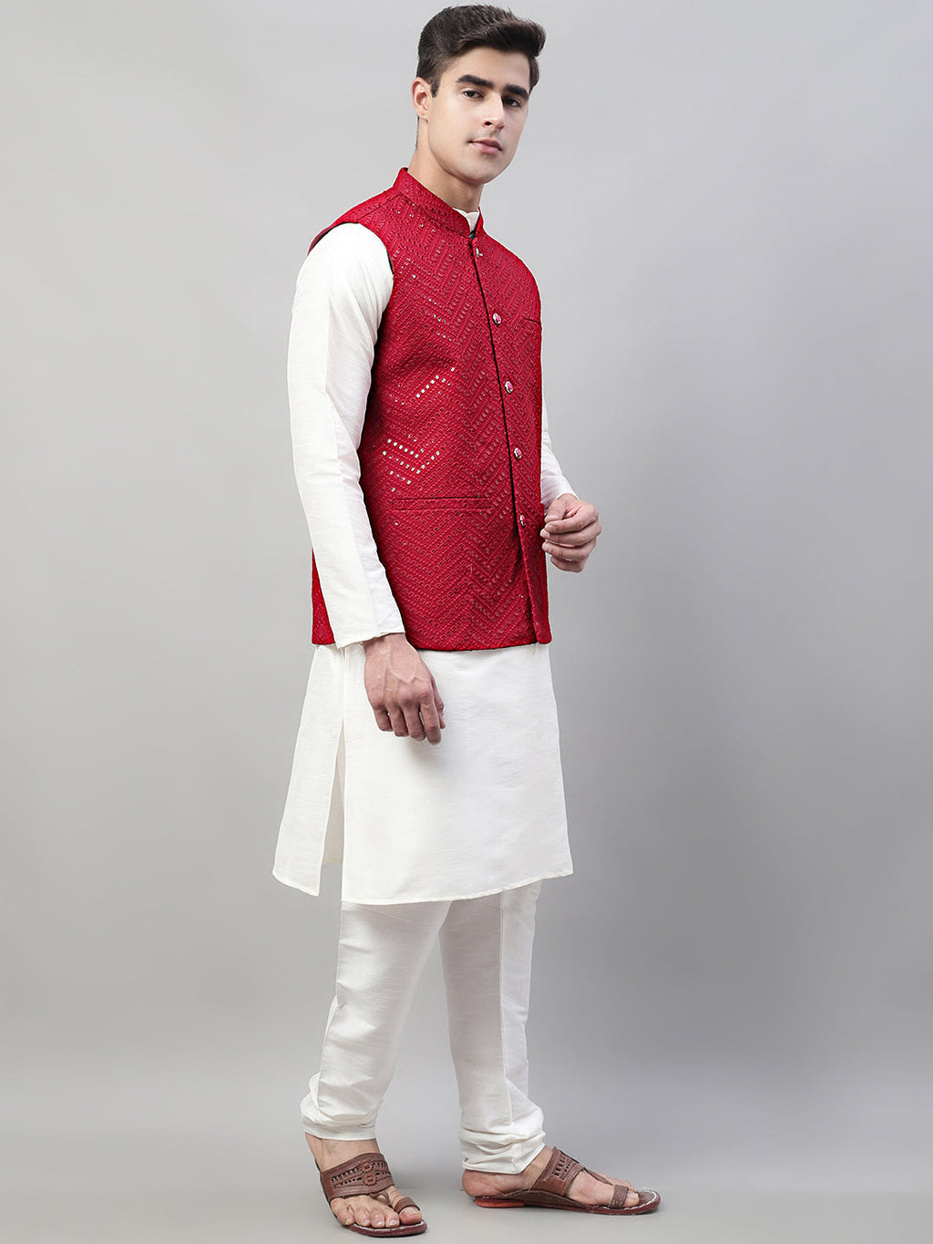 Jompers Men's White Solid Kurta Pyjama with Maroon Embroidered Nehru Jacket | Grocsy
