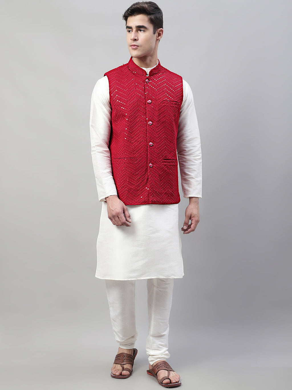 Jompers Men's White Solid Kurta Pyjama with Maroon Embroidered Nehru Jacket | Grocsy