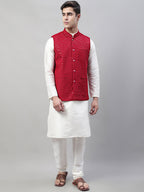 Jompers Men's White Solid Kurta Pyjama with Maroon Embroidered Nehru Jacket | Grocsy