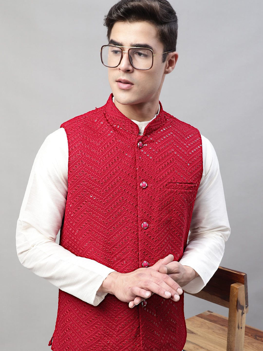 Jompers Men's White Solid Kurta Pyjama with Maroon Embroidered Nehru Jacket | Grocsy