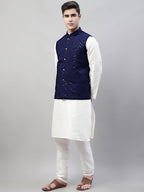 Jompers Men's White Solid Kurta Pyjama with Navy Blue Embroidered Nehru Jacket | Grocsy