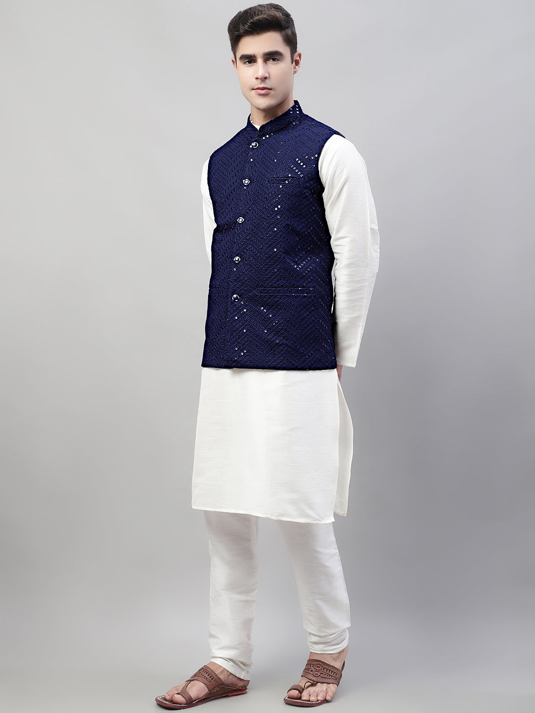 Jompers Men's White Solid Kurta Pyjama with Navy Blue Embroidered Nehru Jacket | Grocsy