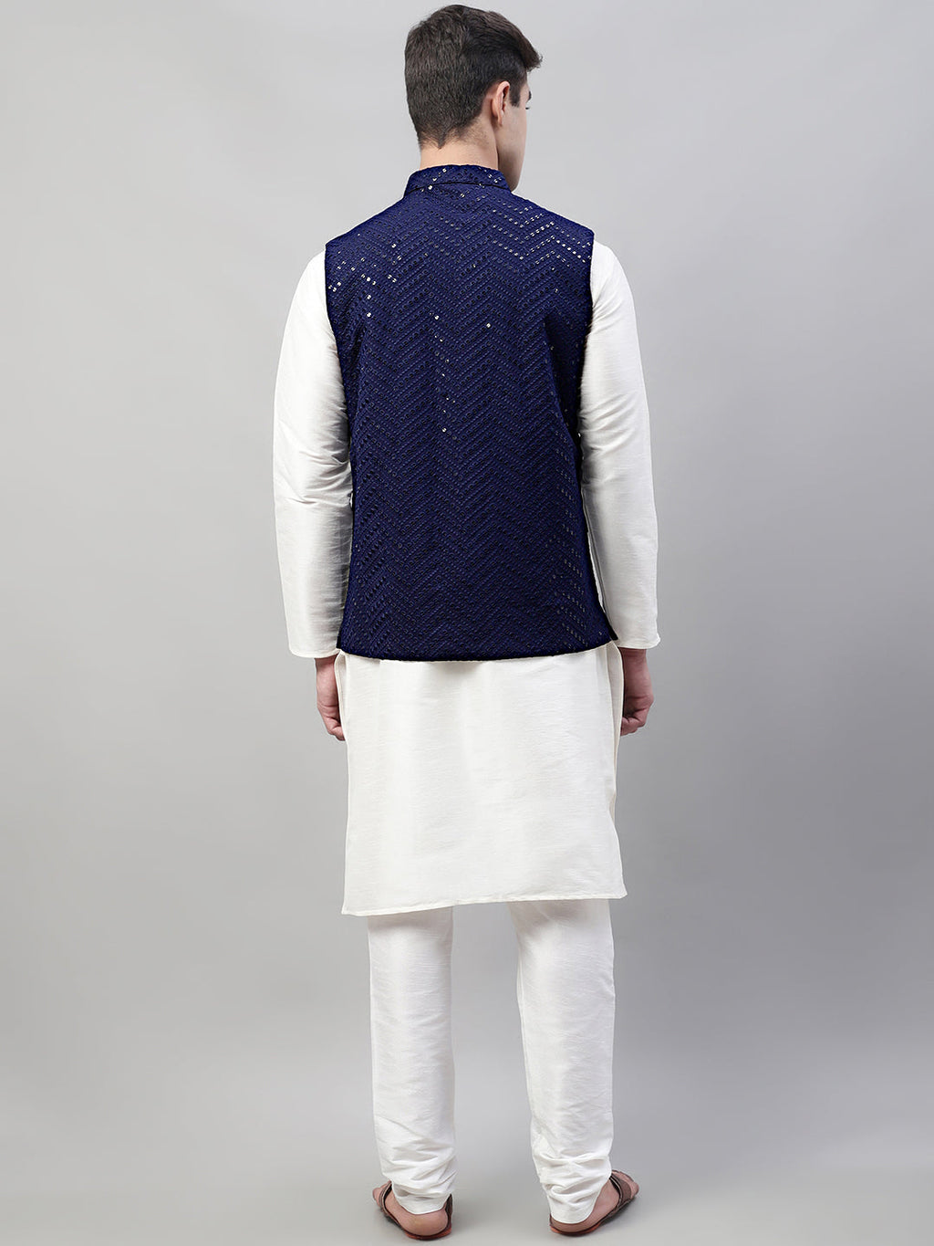 Jompers Men's White Solid Kurta Pyjama with Navy Blue Embroidered Nehru Jacket | Grocsy