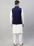 Jompers Men's White Solid Kurta Pyjama with Navy Blue Embroidered Nehru Jacket | Grocsy