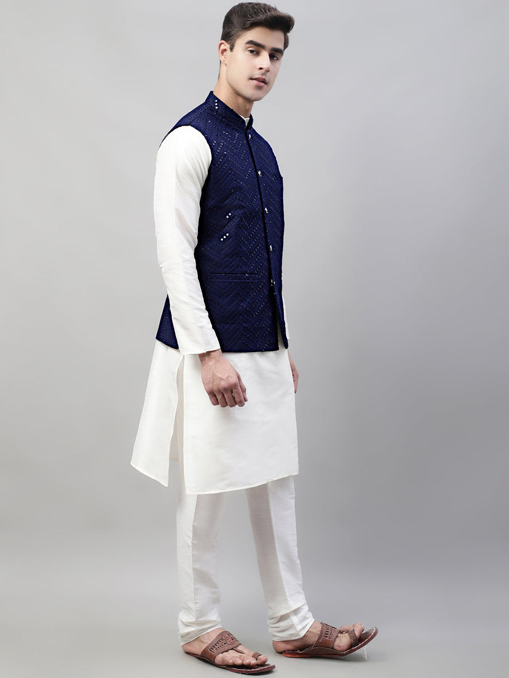 Jompers Men's White Solid Kurta Pyjama with Navy Blue Embroidered Nehru Jacket | Grocsy