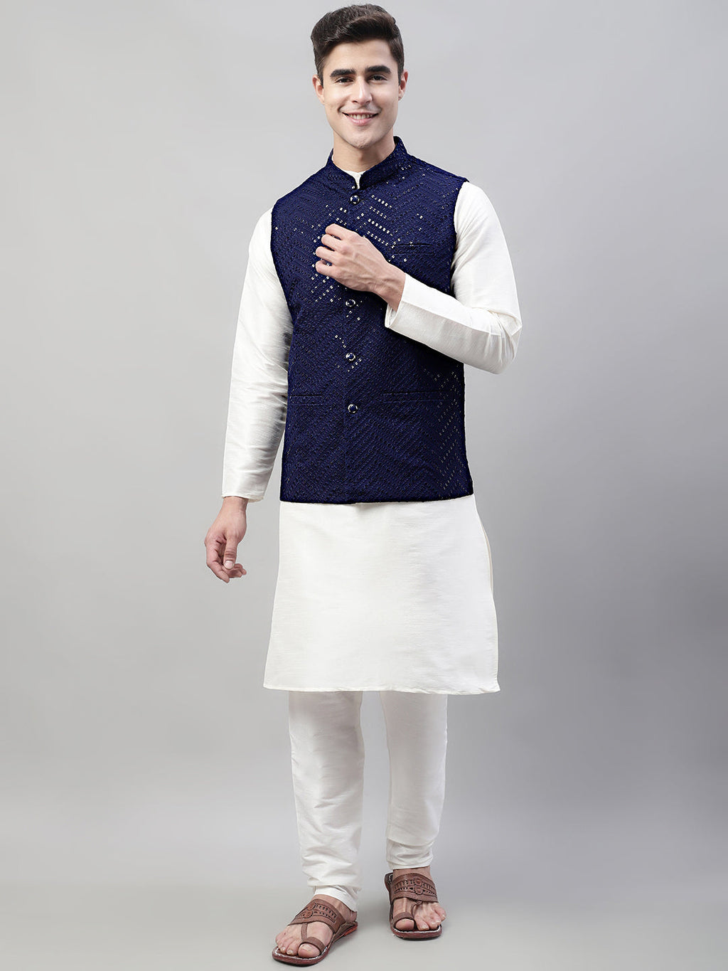 Jompers Men's White Solid Kurta Pyjama with Navy Blue Embroidered Nehru Jacket | Grocsy