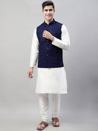 Jompers Men's White Solid Kurta Pyjama with Navy Blue Embroidered Nehru Jacket | Grocsy