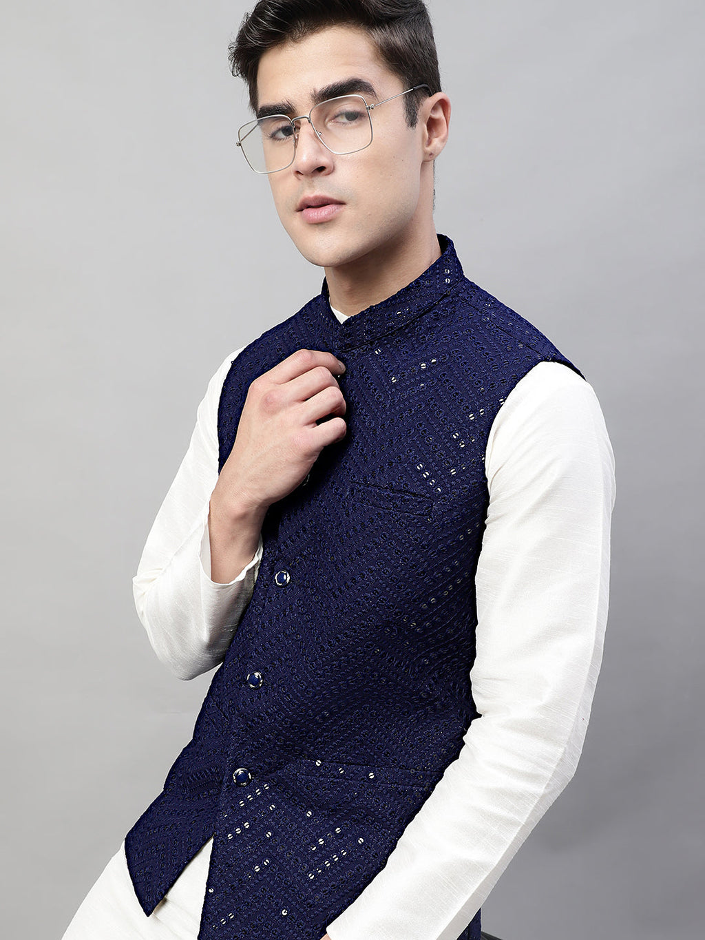 Jompers Men's White Solid Kurta Pyjama with Navy Blue Embroidered Nehru Jacket | Grocsy