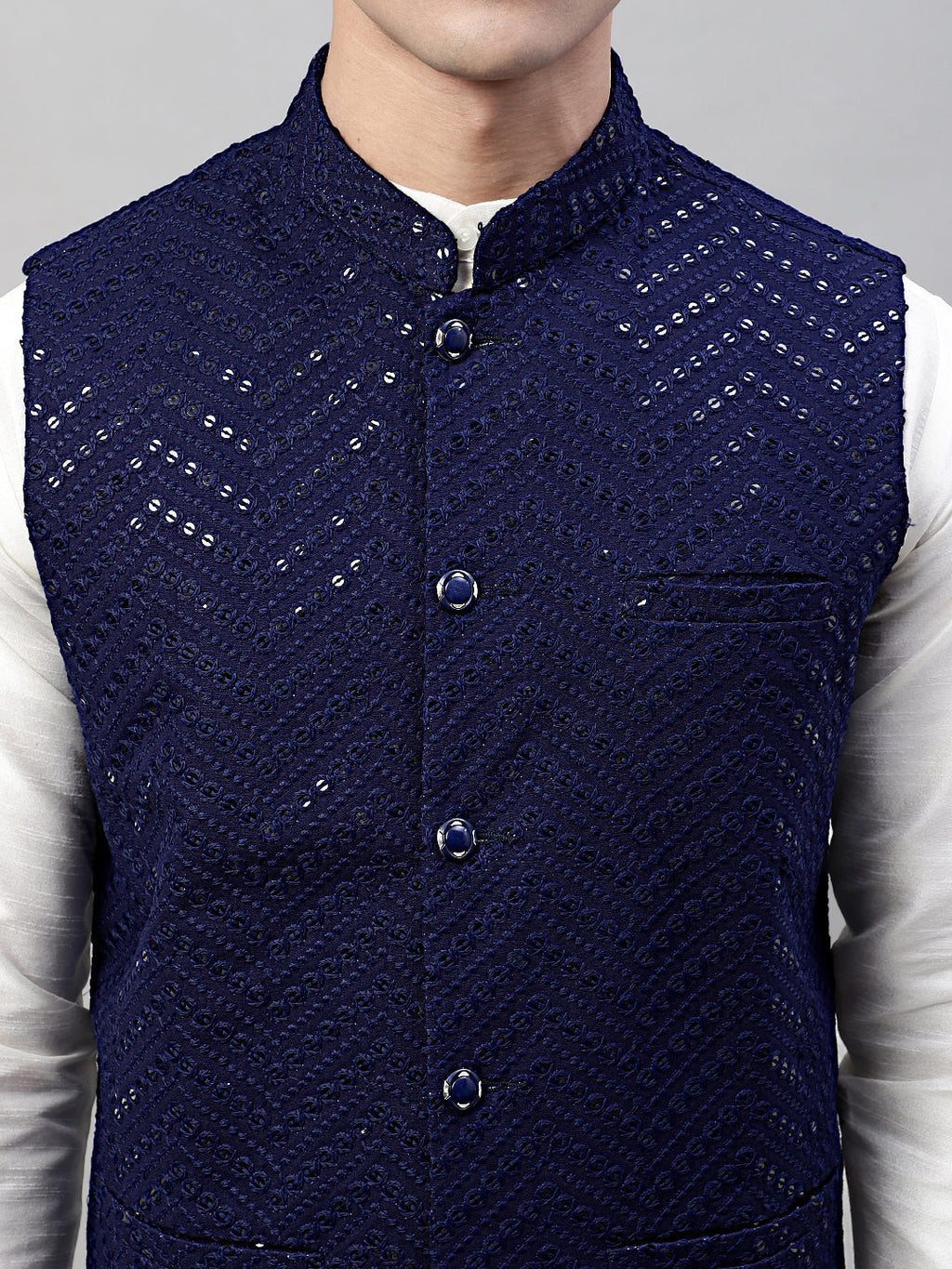 Jompers Men's White Solid Kurta Pyjama with Navy Blue Embroidered Nehru Jacket | Grocsy