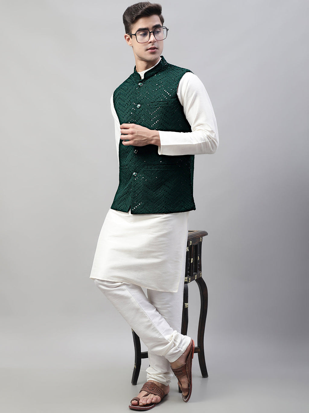 Jompers Men's White Solid Kurta Pyjama with Olive Green Embroidered Nehru Jacket | Grocsy