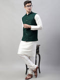 Jompers Men's White Solid Kurta Pyjama with Olive Green Embroidered Nehru Jacket | Grocsy