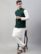 Jompers Men's White Solid Kurta Pyjama with Olive Green Embroidered Nehru Jacket | Grocsy