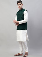 Jompers Men's White Solid Kurta Pyjama with Olive Green Embroidered Nehru Jacket | Grocsy