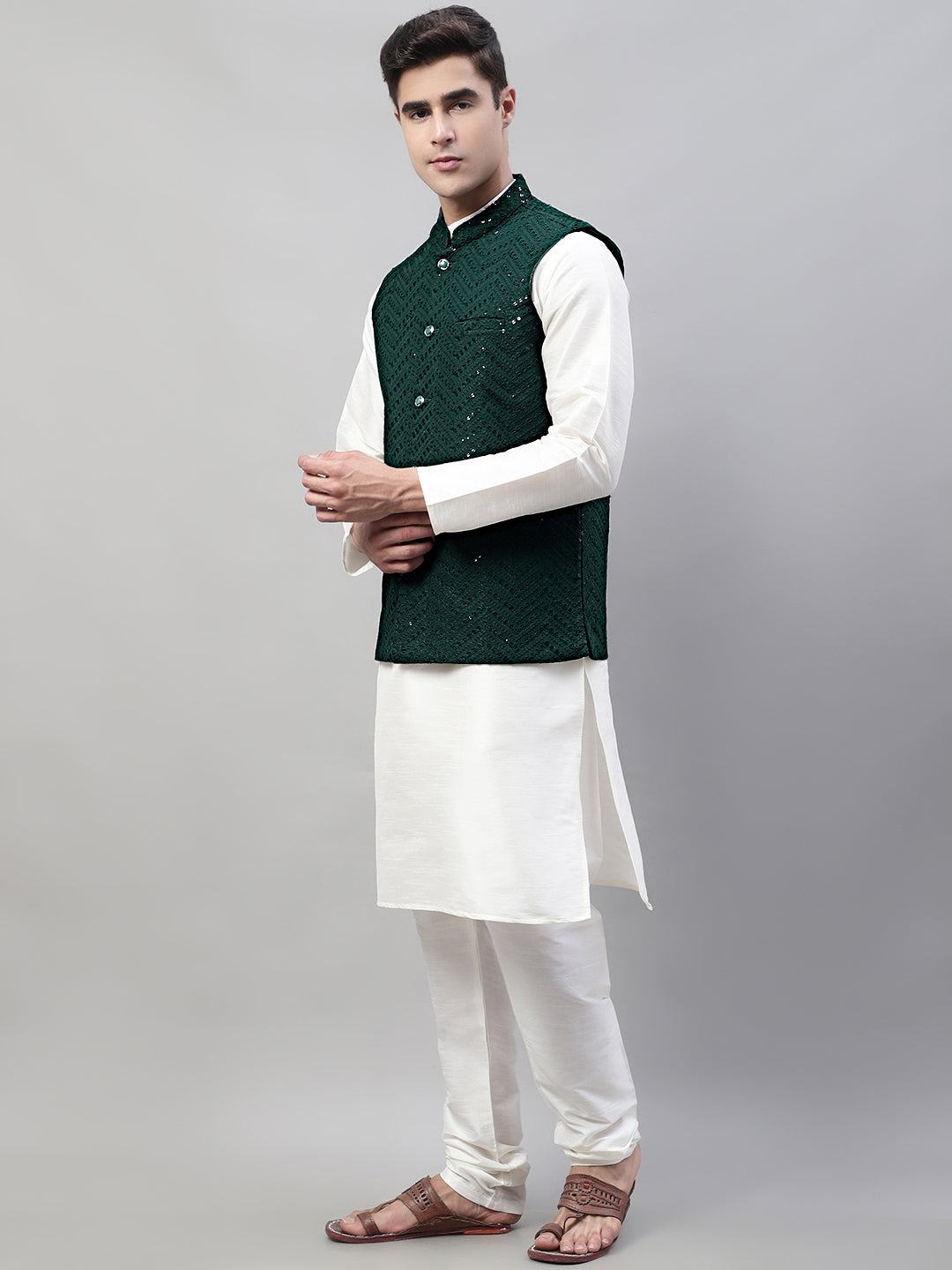 Jompers Men's White Solid Kurta Pyjama with Olive Green Embroidered Nehru Jacket | Grocsy