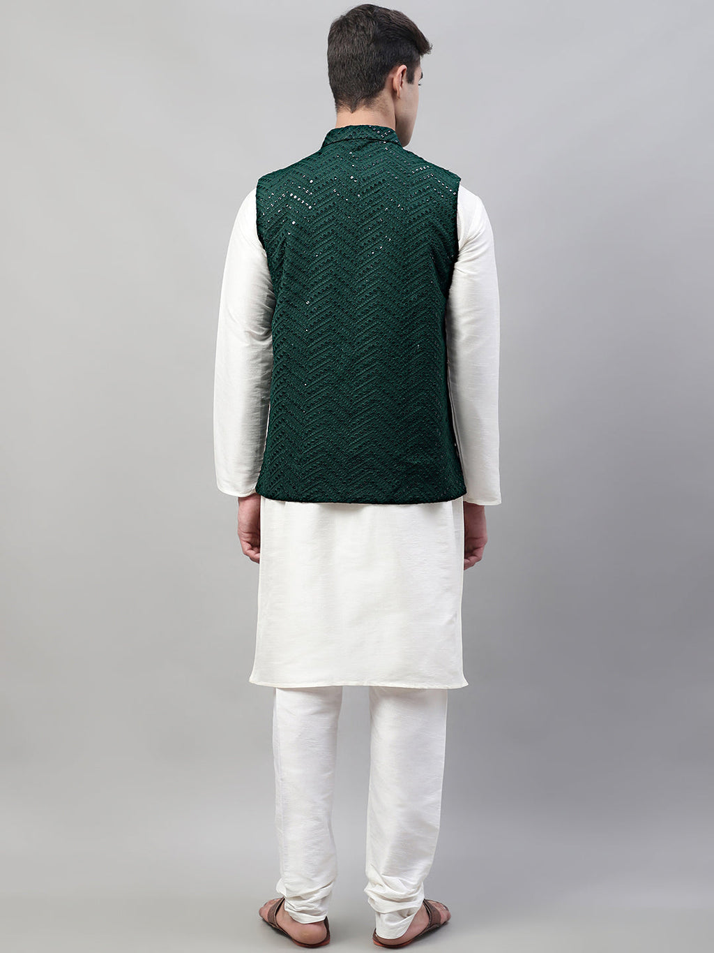 Jompers Men's White Solid Kurta Pyjama with Olive Green Embroidered Nehru Jacket | Grocsy
