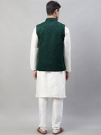 Jompers Men's White Solid Kurta Pyjama with Olive Green Embroidered Nehru Jacket | Grocsy
