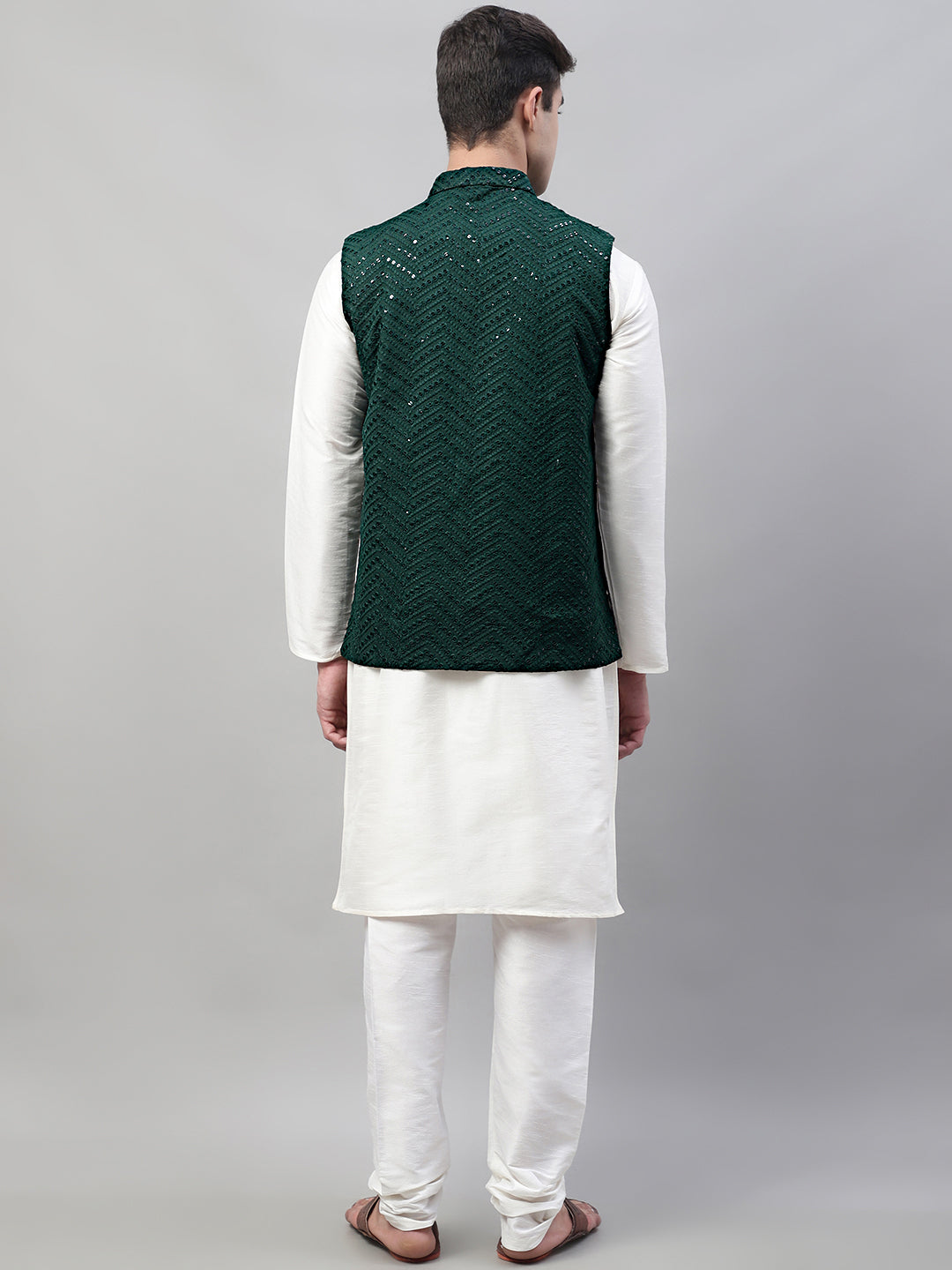 Jompers Men's White Solid Kurta Pyjama with Olive Green Embroidered Nehru Jacket | Grocsy