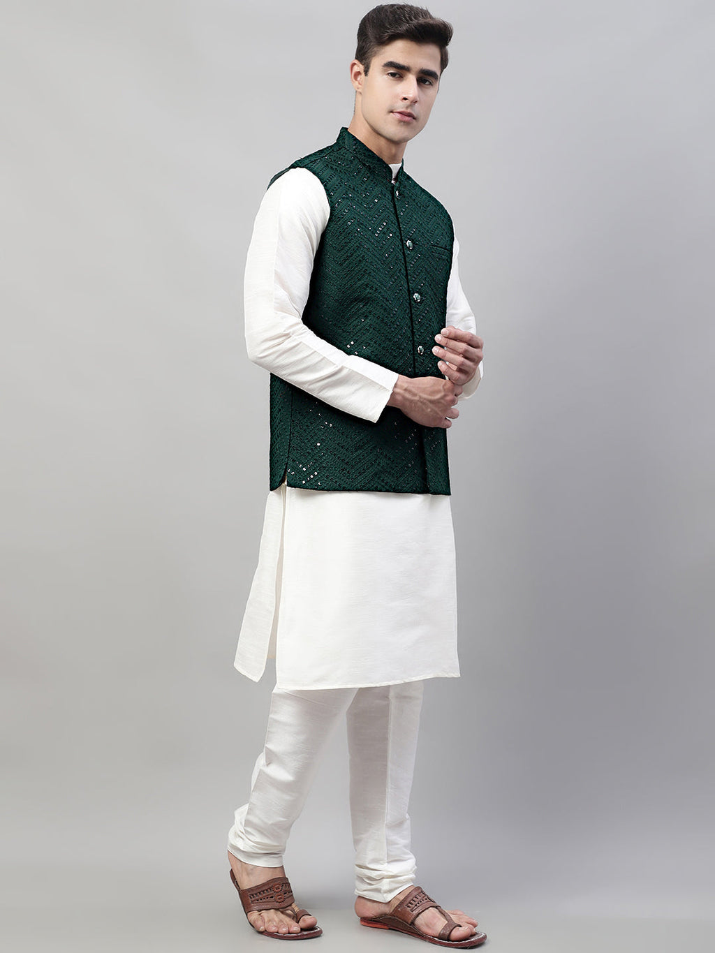 Jompers Men's White Solid Kurta Pyjama with Olive Green Embroidered Nehru Jacket | Grocsy