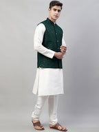 Jompers Men's White Solid Kurta Pyjama with Olive Green Embroidered Nehru Jacket | Grocsy