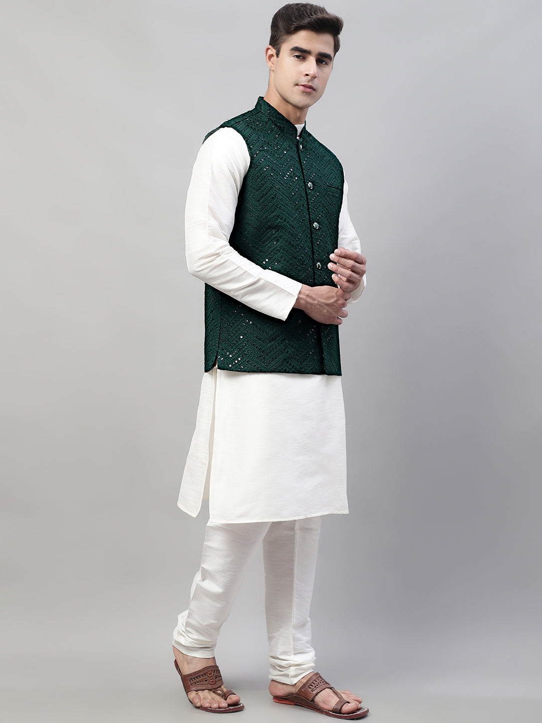 Jompers Men's White Solid Kurta Pyjama with Olive Green Embroidered Nehru Jacket | Grocsy