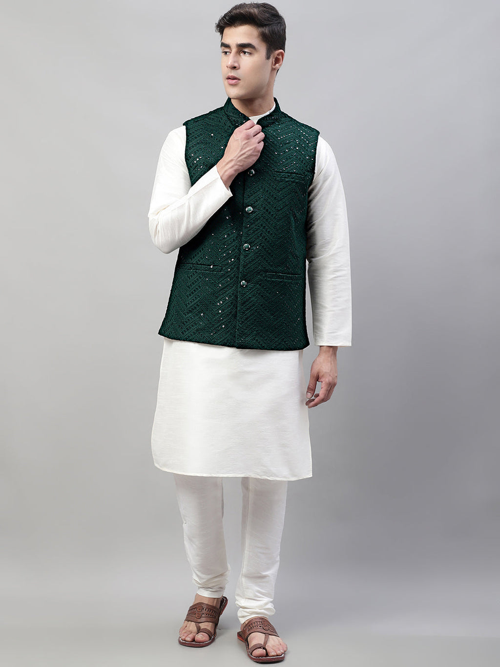 Jompers Men's White Solid Kurta Pyjama with Olive Green Embroidered Nehru Jacket | Grocsy