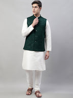 Jompers Men's White Solid Kurta Pyjama with Olive Green Embroidered Nehru Jacket | Grocsy