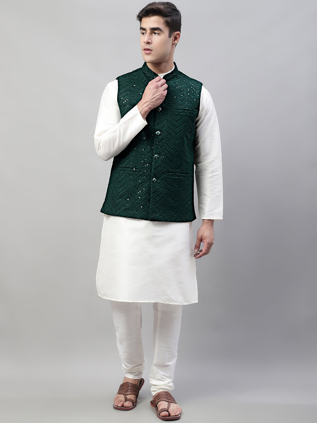 Jompers Men's White Solid Kurta Pyjama with Olive Green Embroidered Nehru Jacket | Grocsy