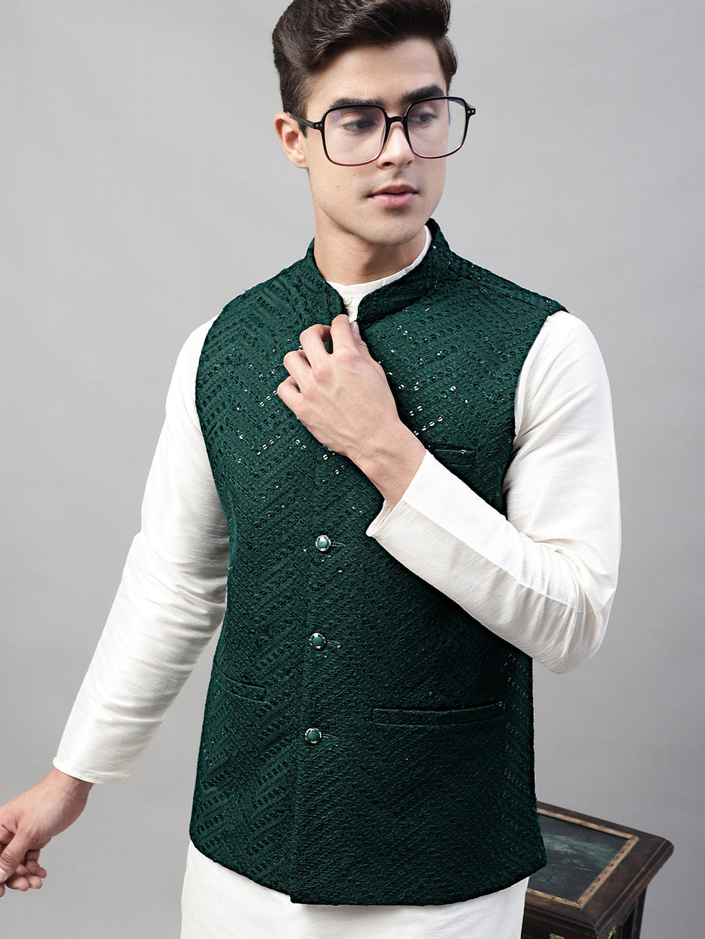 Jompers Men's White Solid Kurta Pyjama with Olive Green Embroidered Nehru Jacket | Grocsy