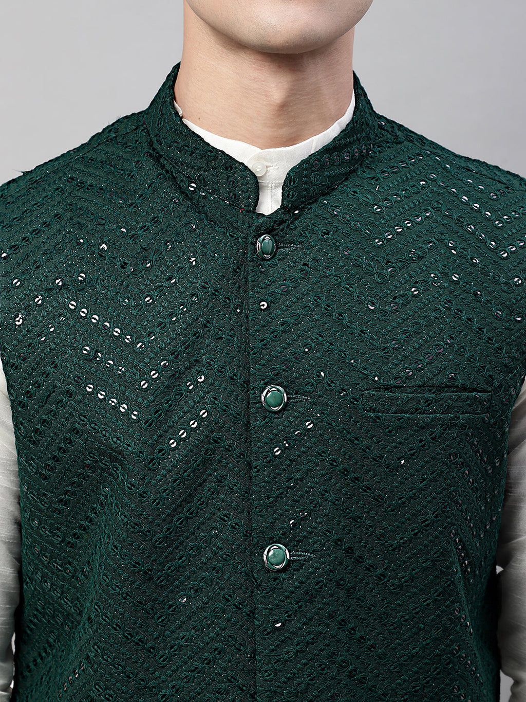 Jompers Men's White Solid Kurta Pyjama with Olive Green Embroidered Nehru Jacket | Grocsy