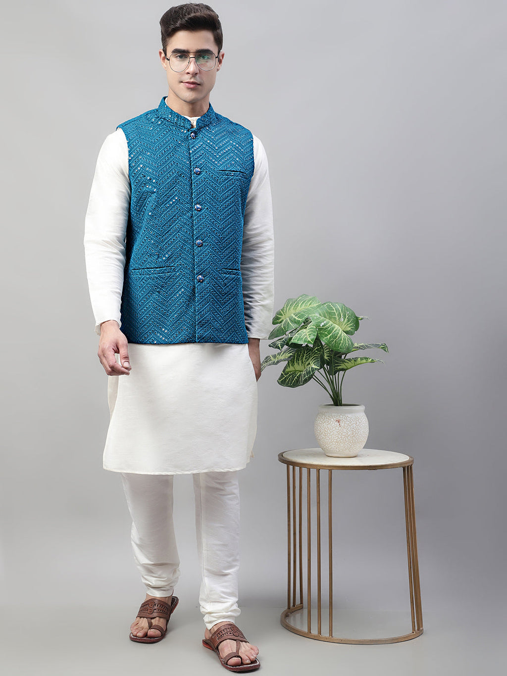 Jompers Men's White Solid Kurta Pyjama with Blue Embroidered Nehru Jacket | Grocsy