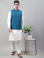 Jompers Men's White Solid Kurta Pyjama with Blue Embroidered Nehru Jacket | Grocsy