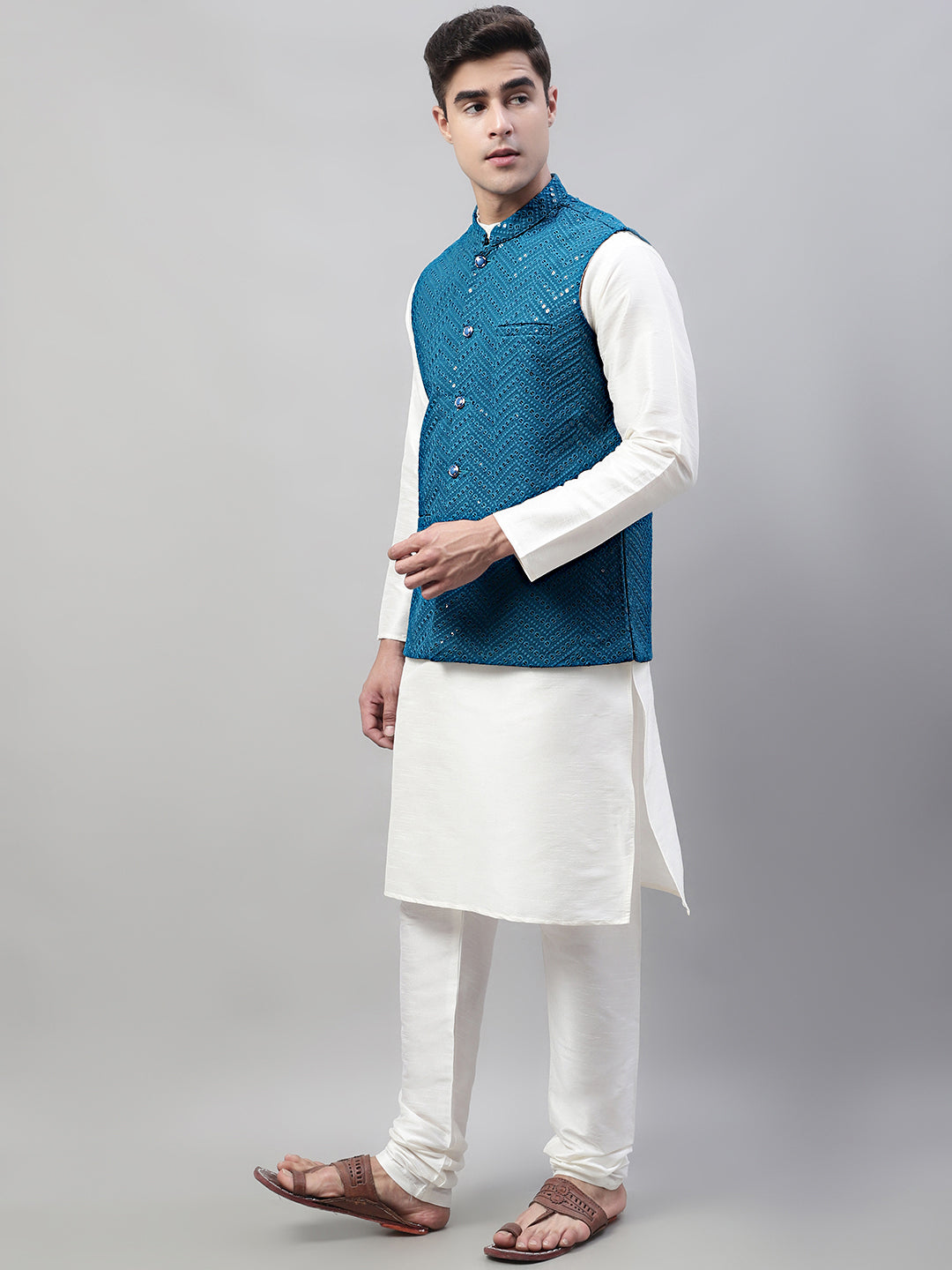 Jompers Men's White Solid Kurta Pyjama with Blue Embroidered Nehru Jacket | Grocsy