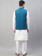 Jompers Men's White Solid Kurta Pyjama with Blue Embroidered Nehru Jacket | Grocsy