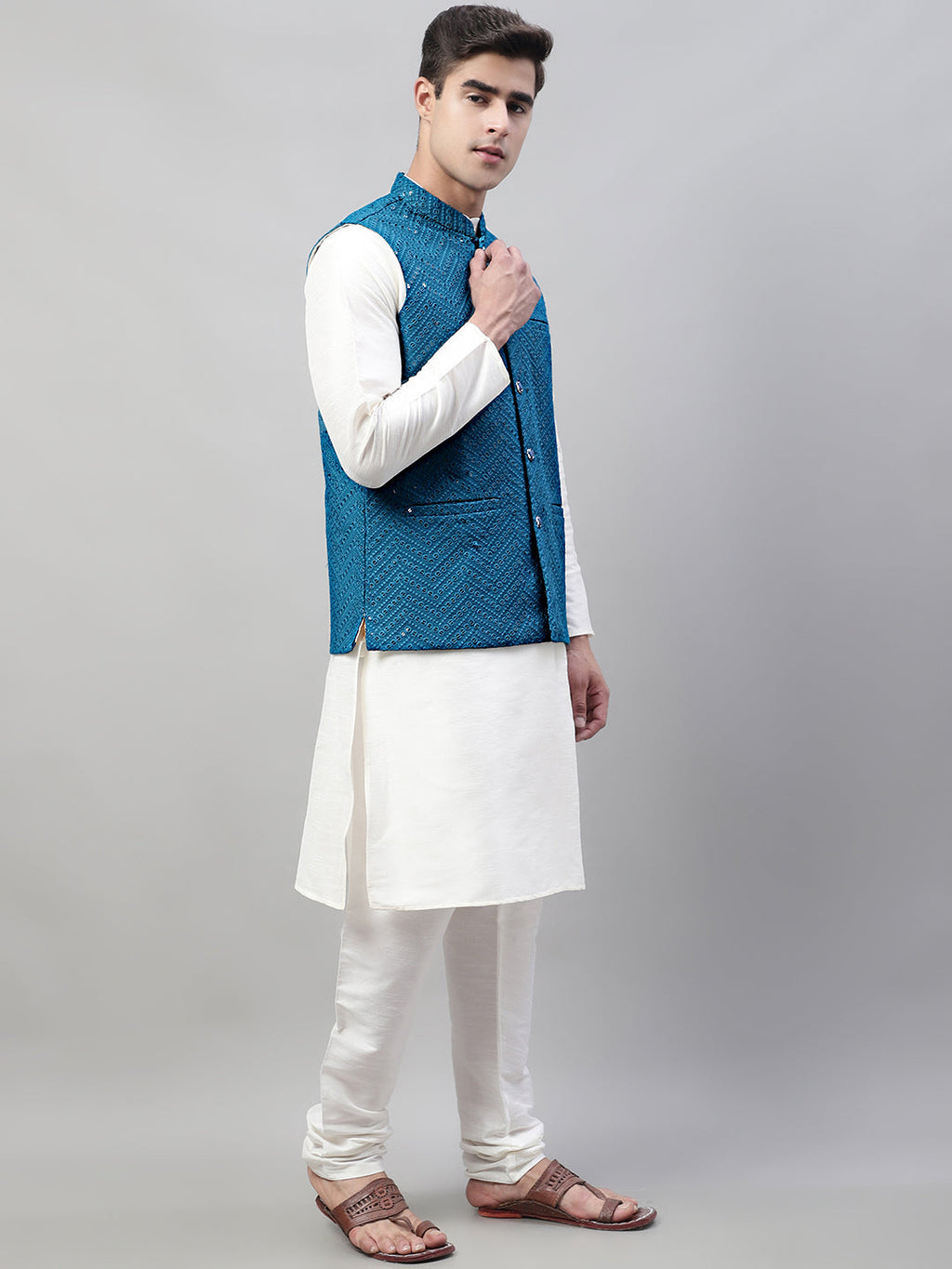 Jompers Men's White Solid Kurta Pyjama with Blue Embroidered Nehru Jacket | Grocsy