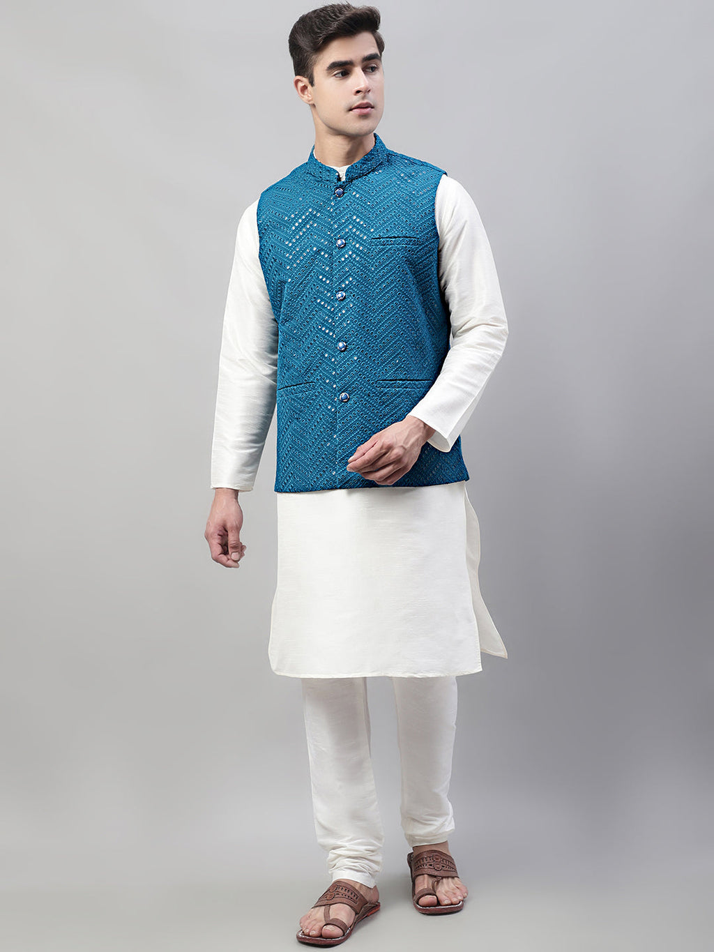 Jompers Men's White Solid Kurta Pyjama with Blue Embroidered Nehru Jacket | Grocsy