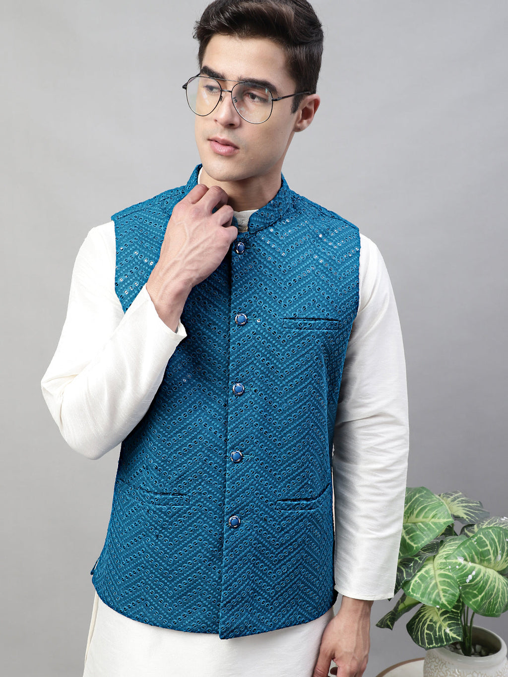 Jompers Men's White Solid Kurta Pyjama with Blue Embroidered Nehru Jacket | Grocsy