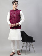 Jompers Men's White Solid Kurta Pyjama with Purple Embroidered Nehru Jacket | Grocsy