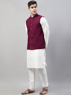 Jompers Men's White Solid Kurta Pyjama with Purple Embroidered Nehru Jacket | Grocsy