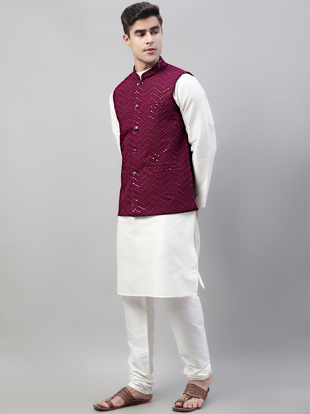 Jompers Men's White Solid Kurta Pyjama with Purple Embroidered Nehru Jacket | Grocsy