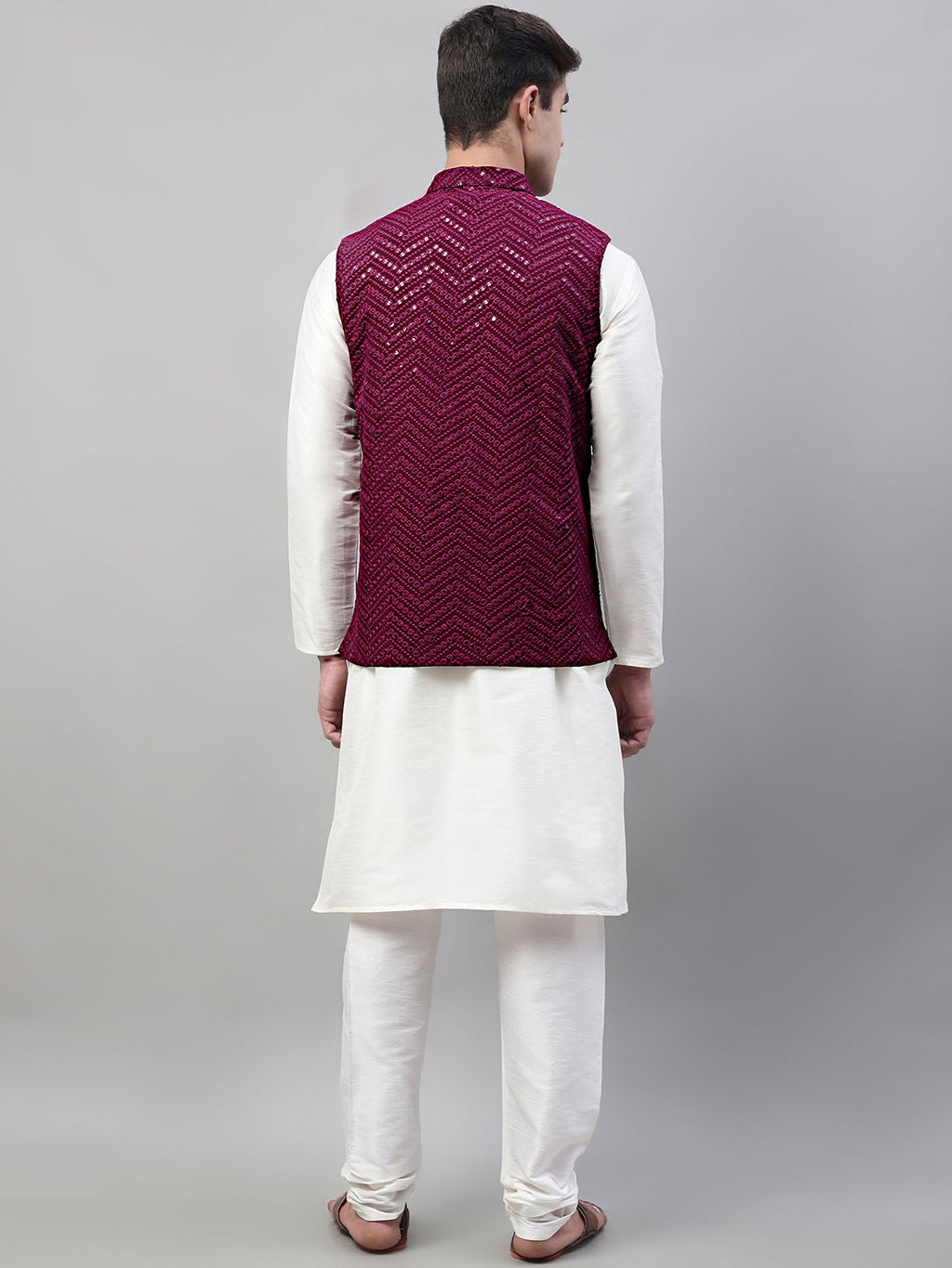 Jompers Men's White Solid Kurta Pyjama with Purple Embroidered Nehru Jacket | Grocsy
