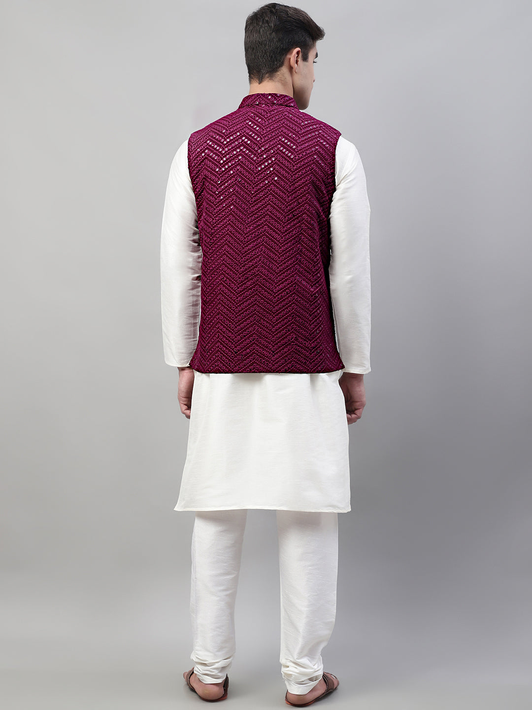 Jompers Men's White Solid Kurta Pyjama with Purple Embroidered Nehru Jacket | Grocsy