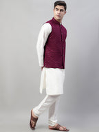 Jompers Men's White Solid Kurta Pyjama with Purple Embroidered Nehru Jacket | Grocsy