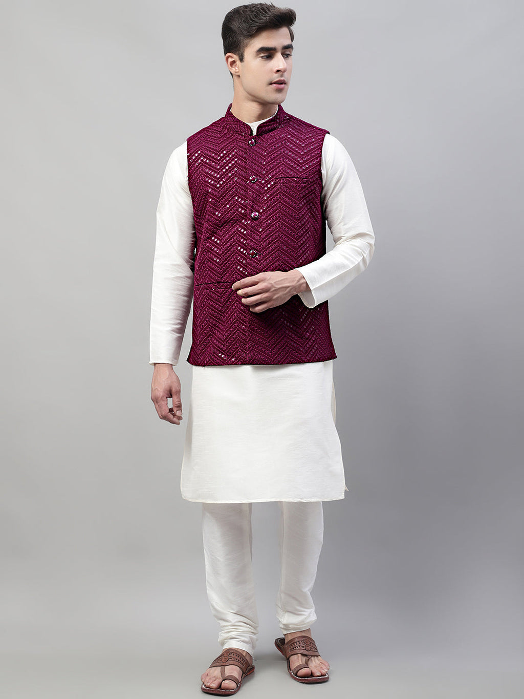 Jompers Men's White Solid Kurta Pyjama with Purple Embroidered Nehru Jacket | Grocsy